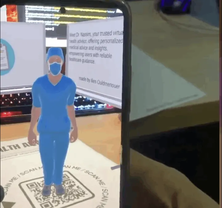 Augmented-reality doctor avatar standing on a desk marker