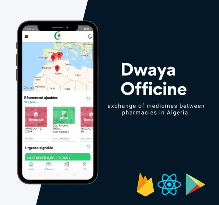 Dwaya Officine app showing a map of pharmacies in Algeria