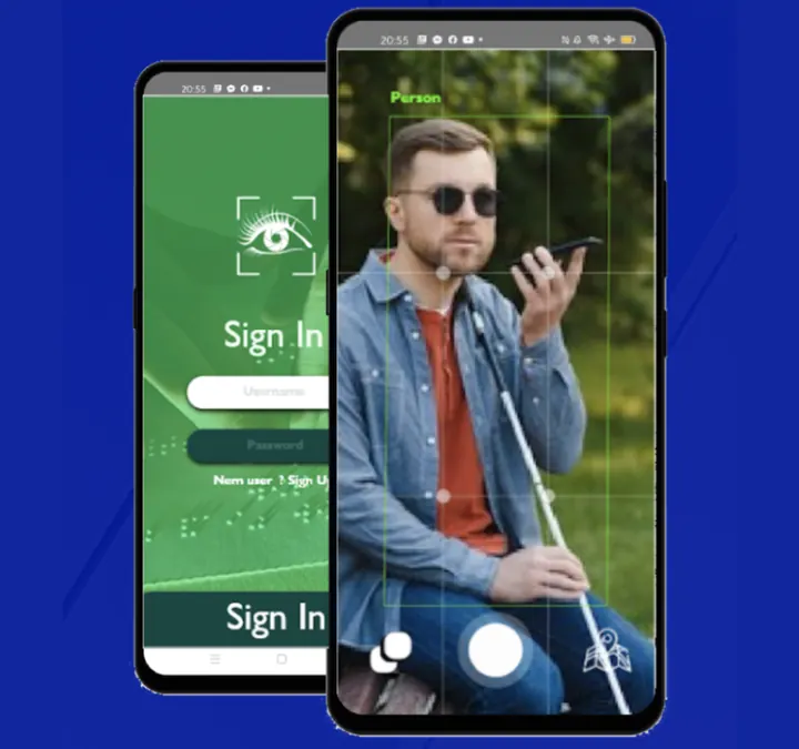 Khalili assistive vision app on a phone held by a user with a white cane