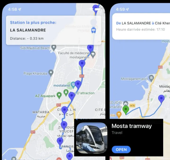 Mostaganem tramway app showing a station map