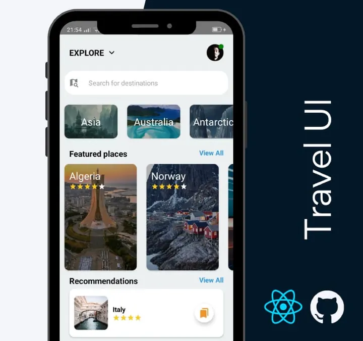 Travel app UI with destination cards