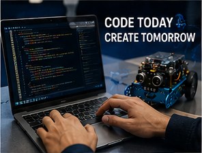 Hands typing robot code on a laptop next to an mBot