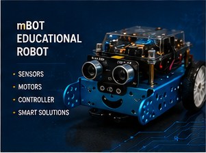 Makeblock mBot educational robot — blue chassis with ultrasonic sensor, motors and mCore controller