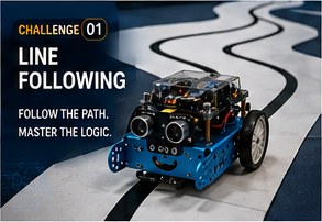 mBot robot following a curved black line on the floor
