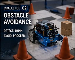 mBot robot navigating between orange cones and obstacles