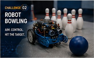 mBot robot aiming at bowling pins