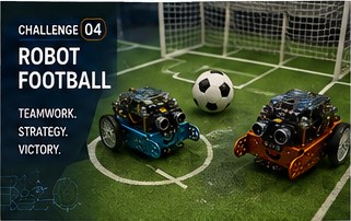 Two mBot robots playing football with a small ball and goal
