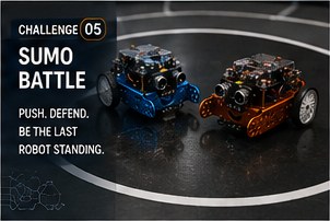 Two mBot robots facing off inside a sumo battle ring