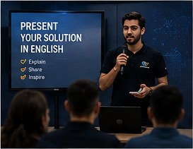 Participant presenting a solution in English in front of a screen
