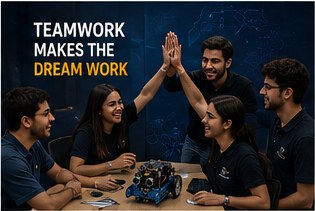 Team celebrating with a high-five around the workshop table