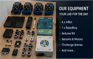 Workshop equipment laid out: mBot robots, controllers, sensors, motors and kits