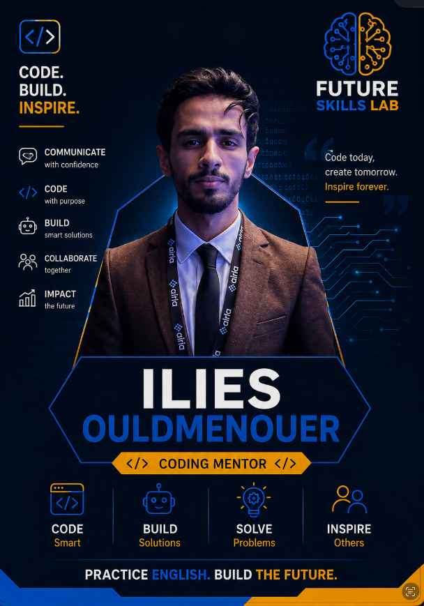 Ilies Ouldmenouer — Coding Mentor accreditation card: programming, robotics, AI, automation, engineering